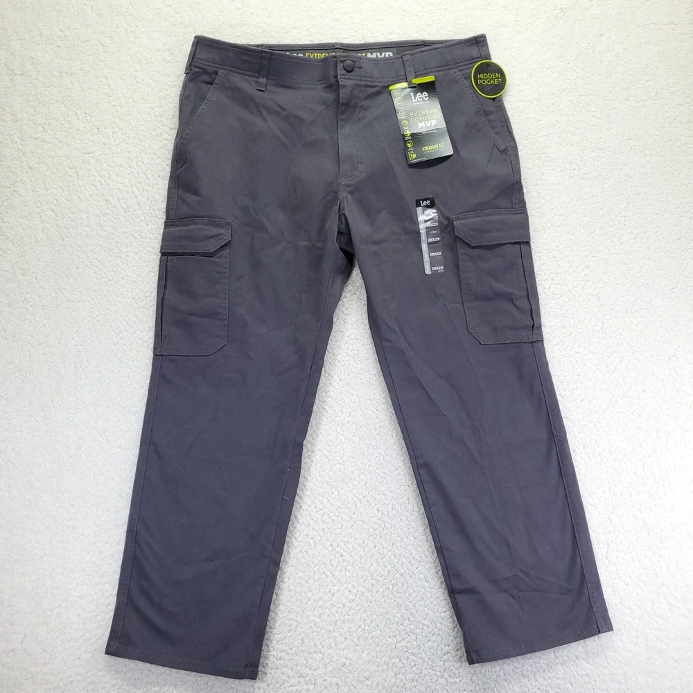 Lee Extreme Comfort MVP Cargo Pant Men 38x29 Gray Straight Fit Hidden Pocket NEW